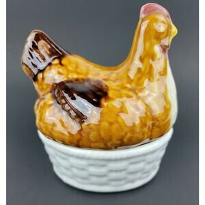 Vintage Hen Chicken Sitting on Woven White Basket Ceramic Container Portugal